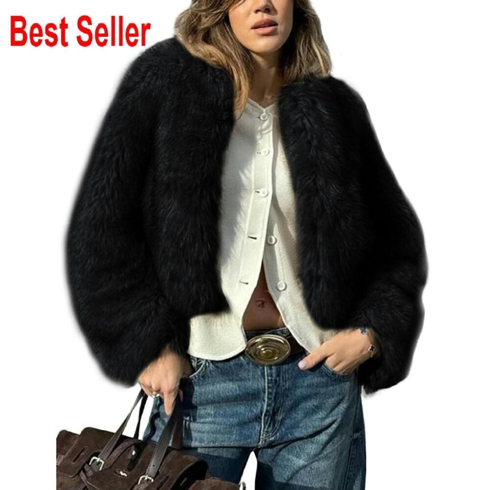 Faux Fur Cropped Jacket Fluffy Open Front Winter Outerwear Chic Elegant